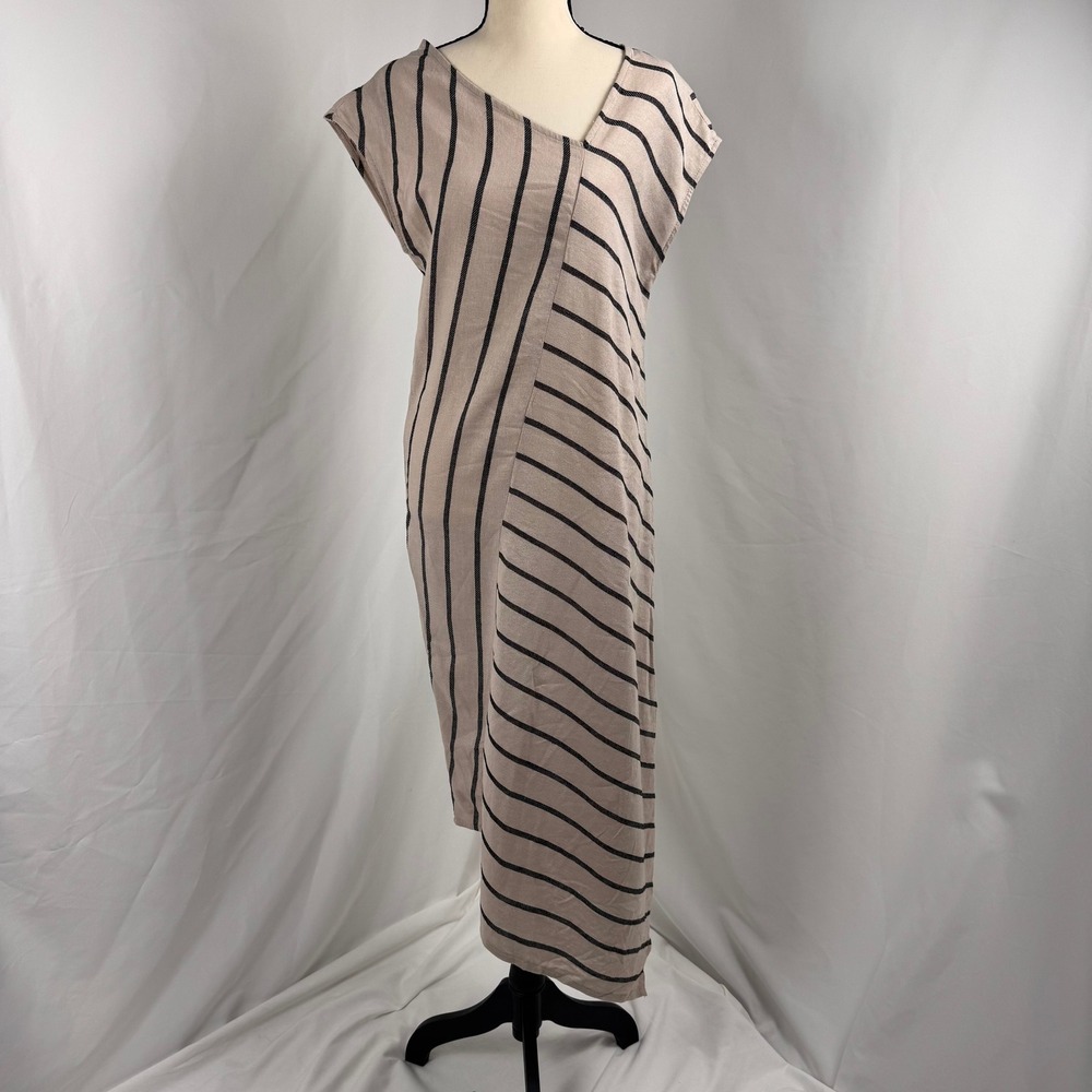 For Cynthia Linen Blend Shift Dress Womens XS Tan Black Asymmetrical Striped